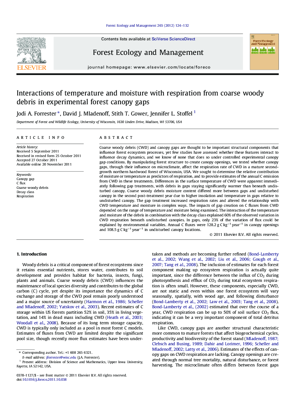 Interactions of temperature and moisture with respiration from coarse woody debris in experimental forest canopy gaps