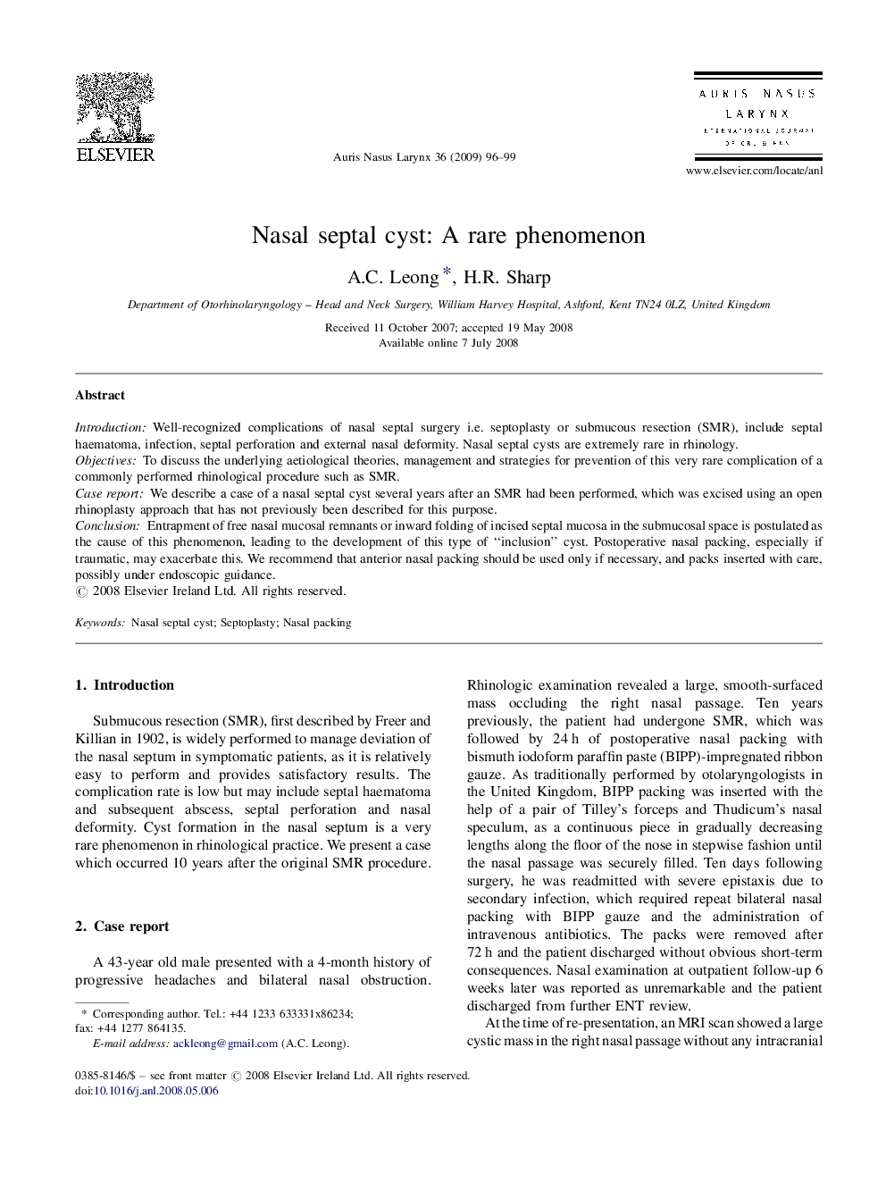 Nasal septal cyst: A rare phenomenon