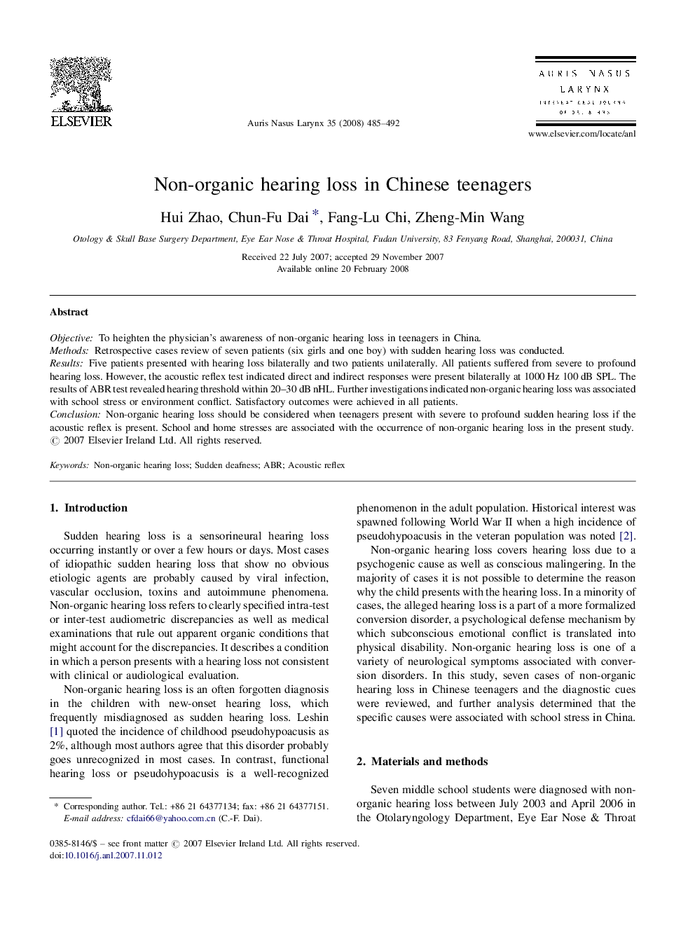 Non-organic hearing loss in Chinese teenagers