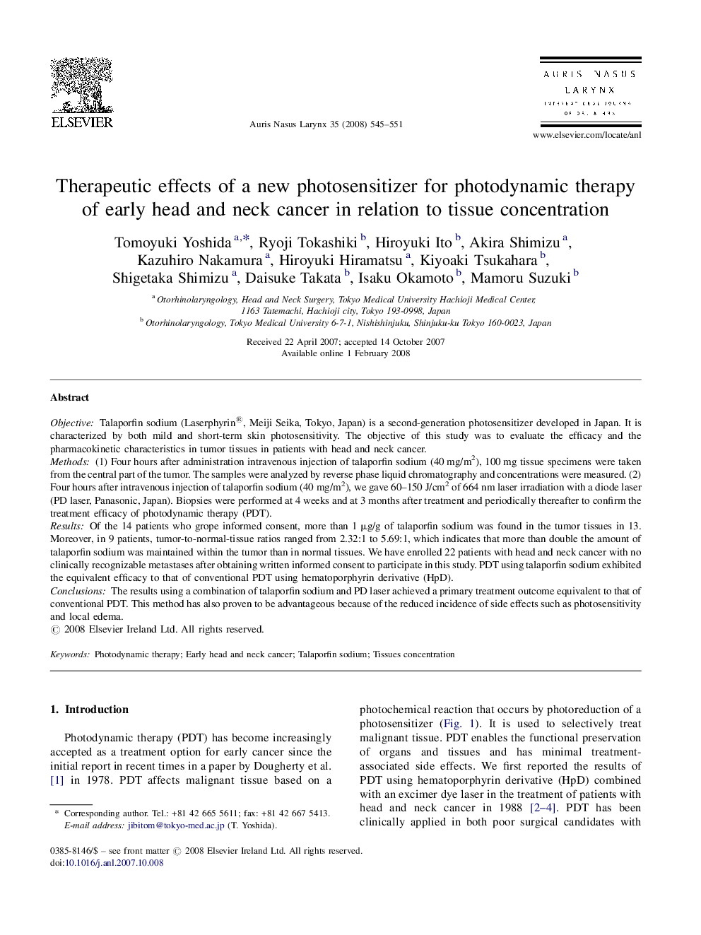 Therapeutic effects of a new photosensitizer for photodynamic therapy of early head and neck cancer in relation to tissue concentration