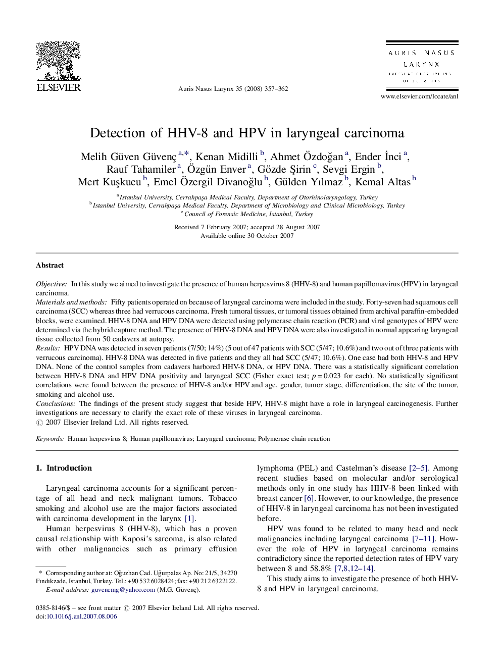 Detection of HHV-8 and HPV in laryngeal carcinoma