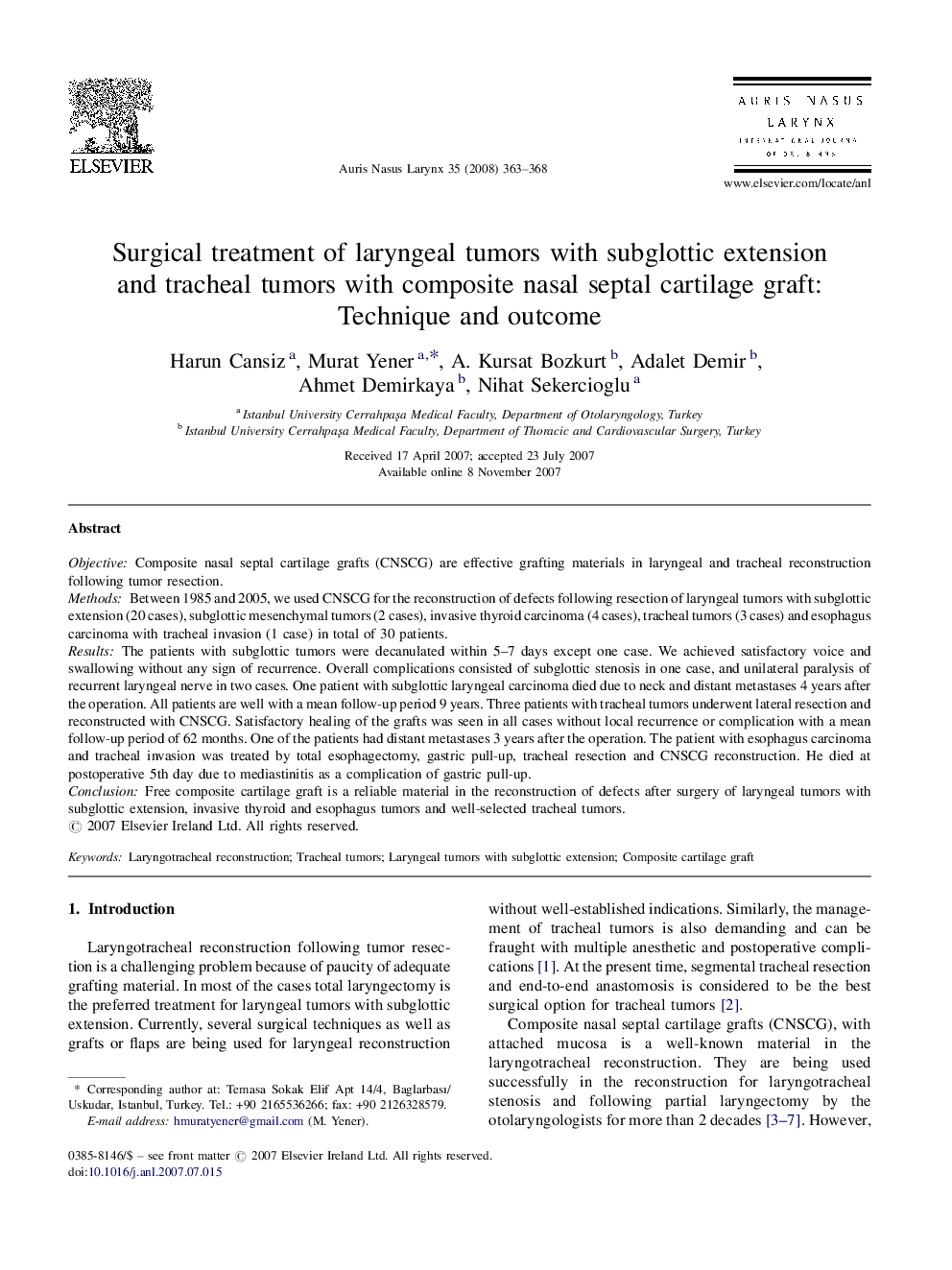 Surgical treatment of laryngeal tumors with subglottic extension and tracheal tumors with composite nasal septal cartilage graft: Technique and outcome