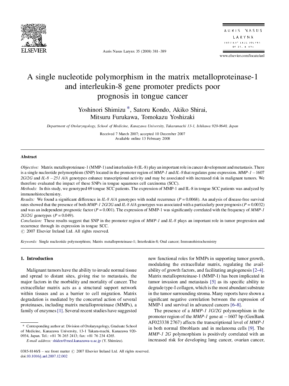 A single nucleotide polymorphism in the matrix metalloproteinase-1 and interleukin-8 gene promoter predicts poor prognosis in tongue cancer