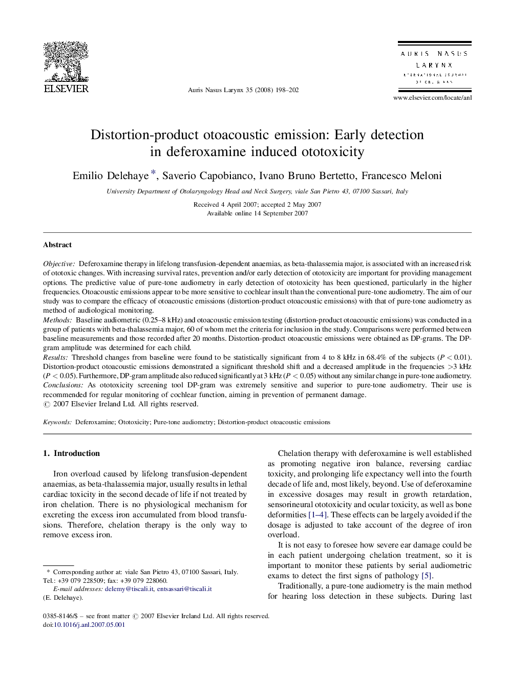 Distortion-product otoacoustic emission: Early detection in deferoxamine induced ototoxicity