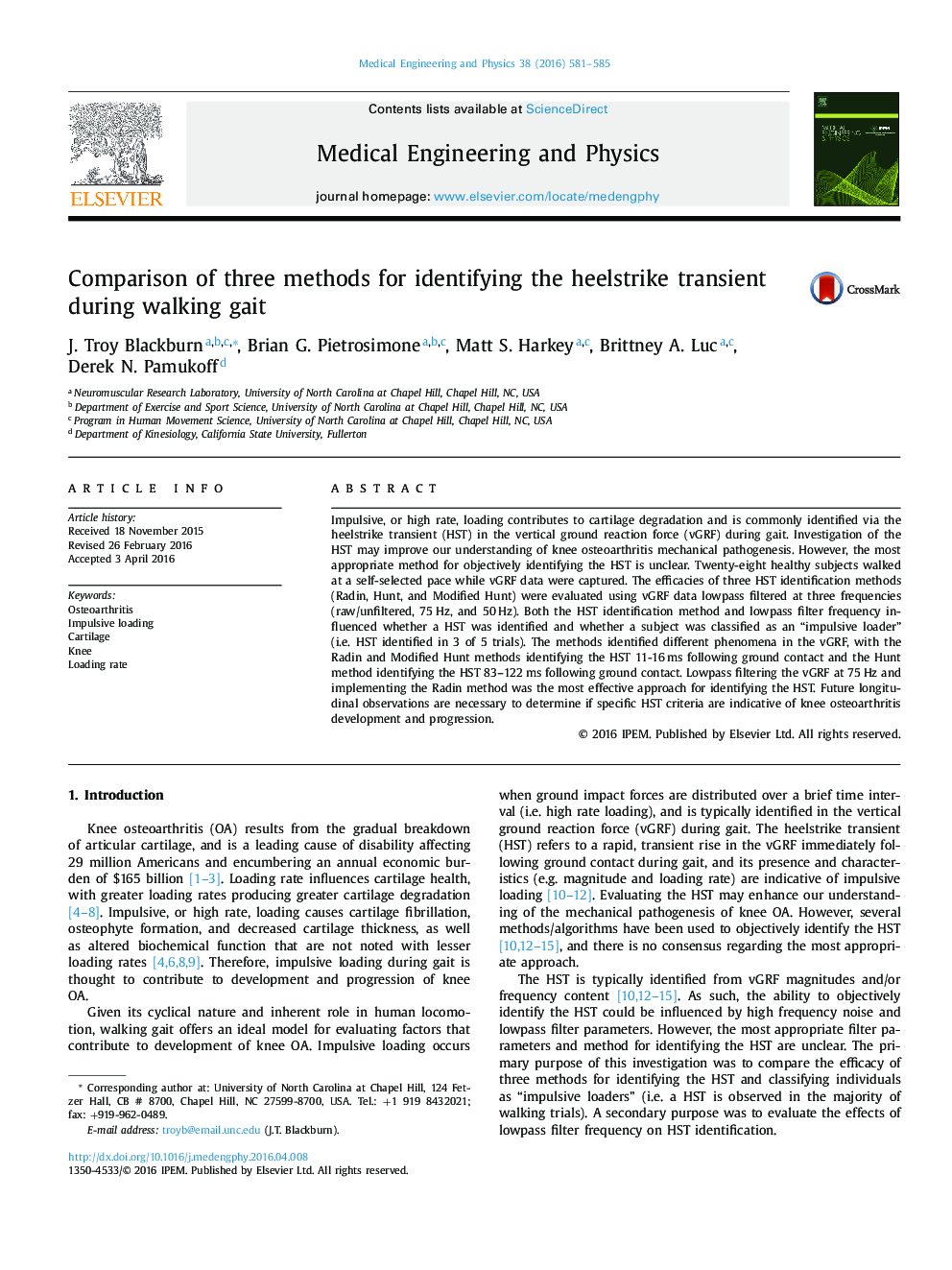 Comparison of three methods for identifying the heelstrike transient during walking gait