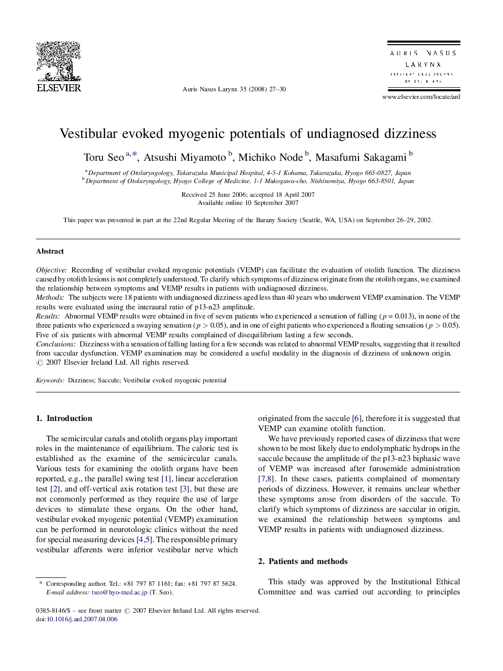 Vestibular evoked myogenic potentials of undiagnosed dizziness