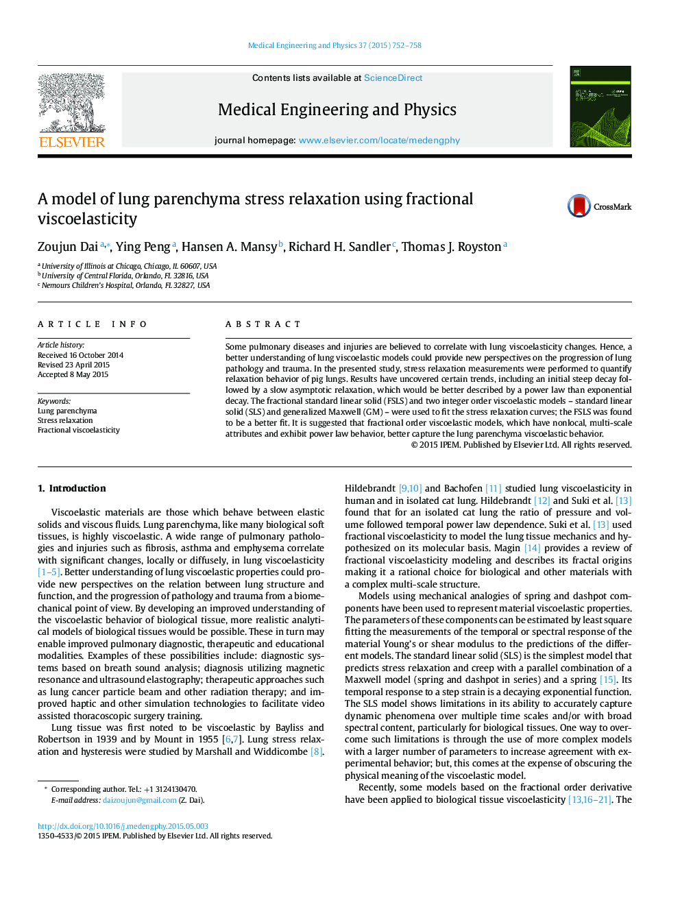 A model of lung parenchyma stress relaxation using fractional viscoelasticity