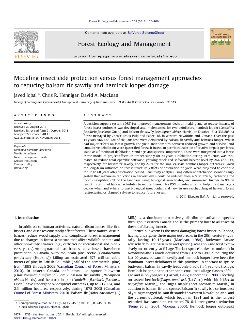 Modeling insecticide protection versus forest management approaches to reducing balsam fir sawfly and hemlock looper damage