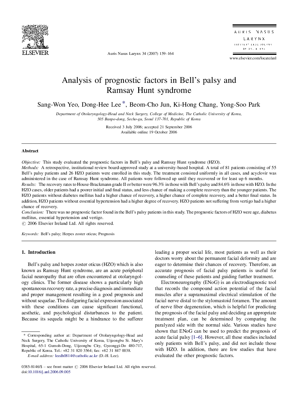 Analysis of prognostic factors in Bell's palsy and Ramsay Hunt syndrome