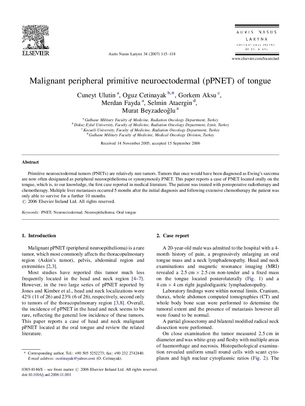 Malignant peripheral primitive neuroectodermal (pPNET) of tongue