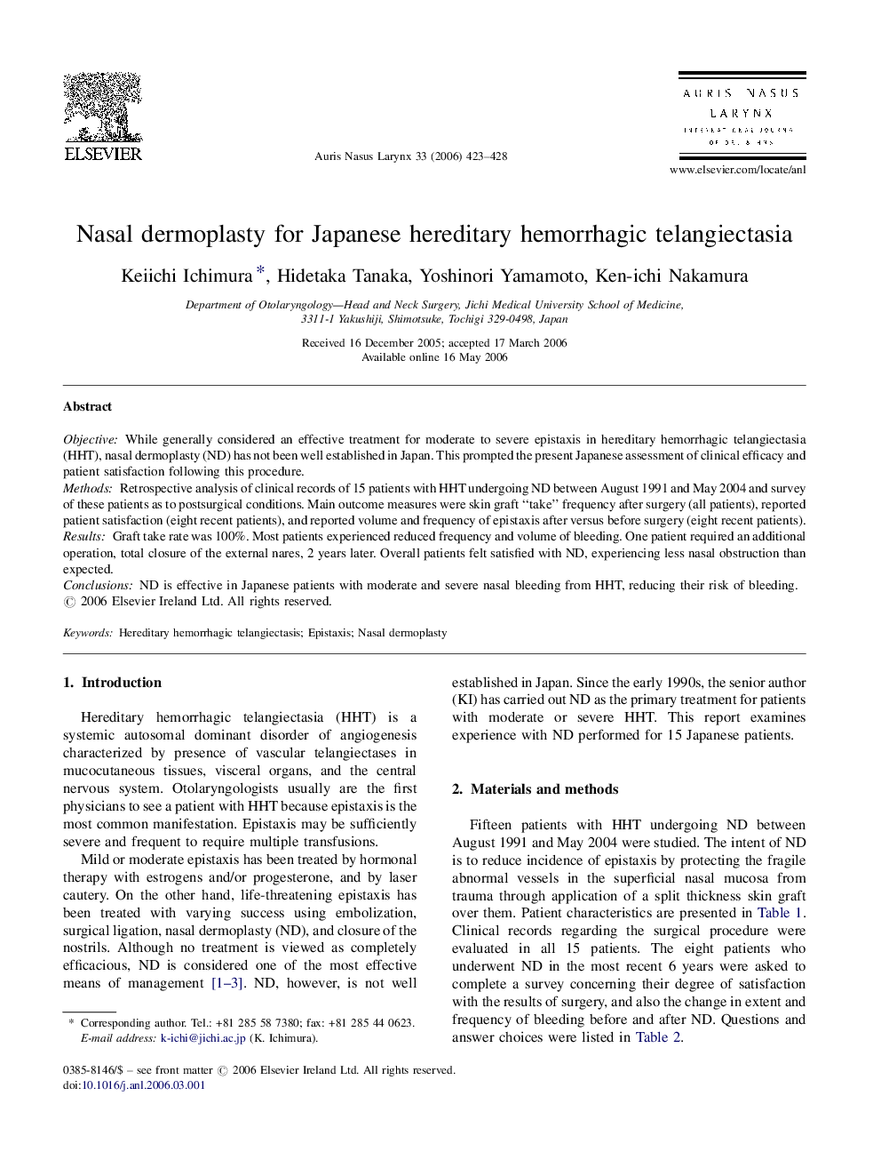 Nasal dermoplasty for Japanese hereditary hemorrhagic telangiectasia