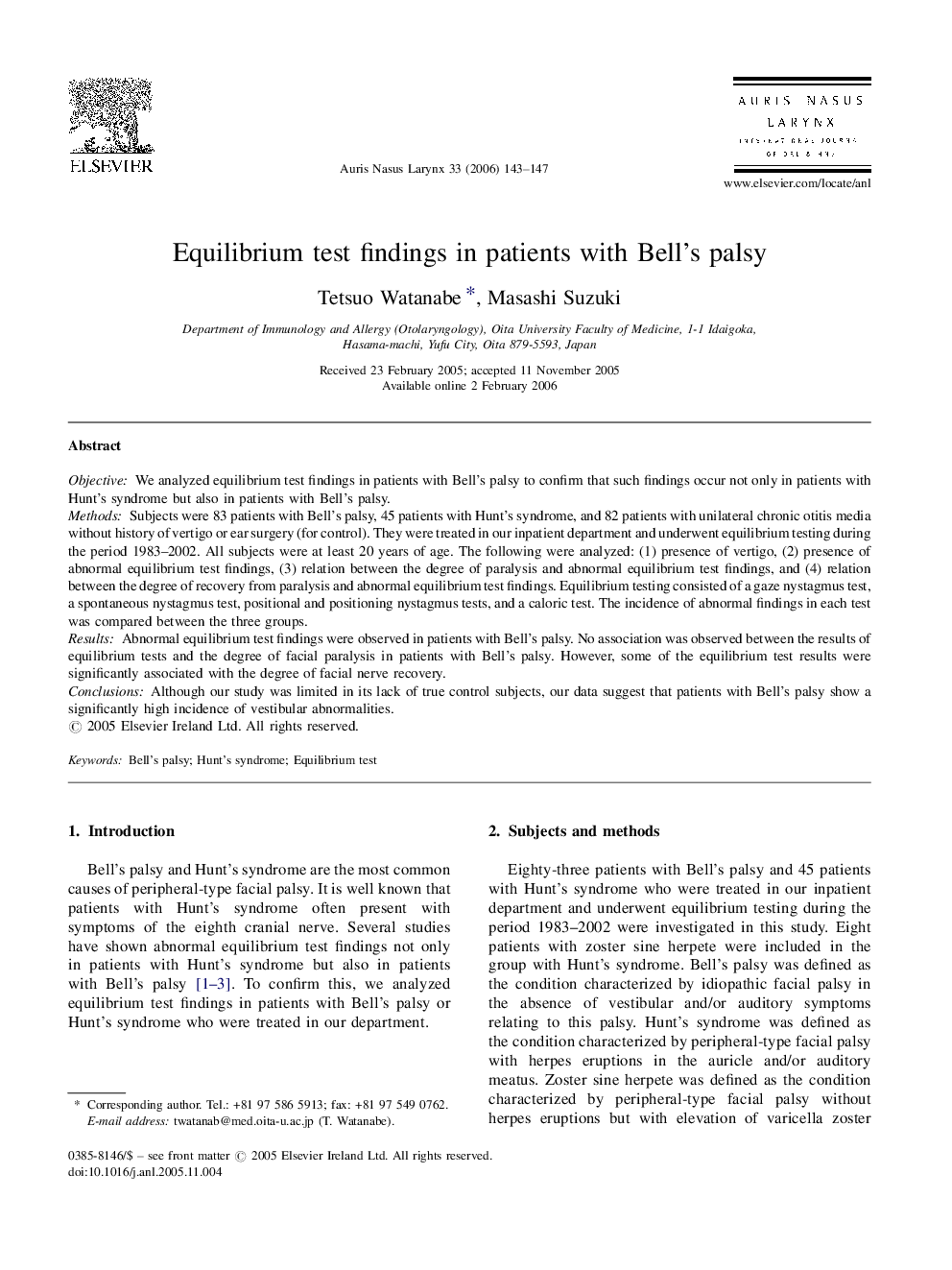 Equilibrium test findings in patients with Bell's palsy