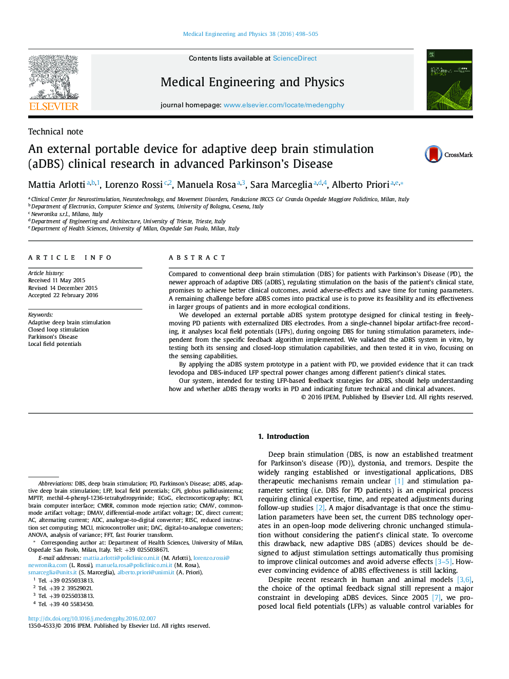 An external portable device for adaptive deep brain stimulation (aDBS) clinical research in advanced Parkinson's Disease