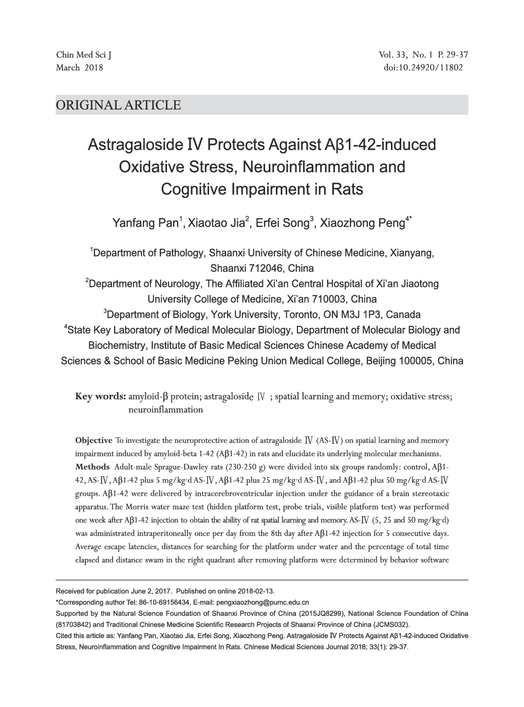 Astragaloside IV Protects Against AÎ²1-42-induced Oxidative Stress, Neuroinflammation and Cognitive Impairment in Rats