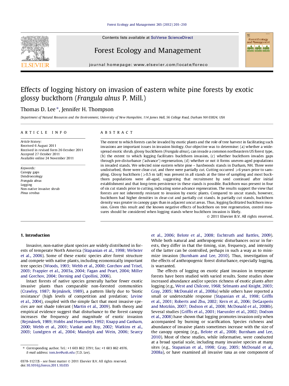 Effects of logging history on invasion of eastern white pine forests by exotic glossy buckthorn (Frangula alnus P. Mill.)