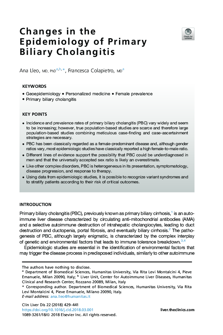 Changes in the Epidemiology of Primary Biliary Cholangitis