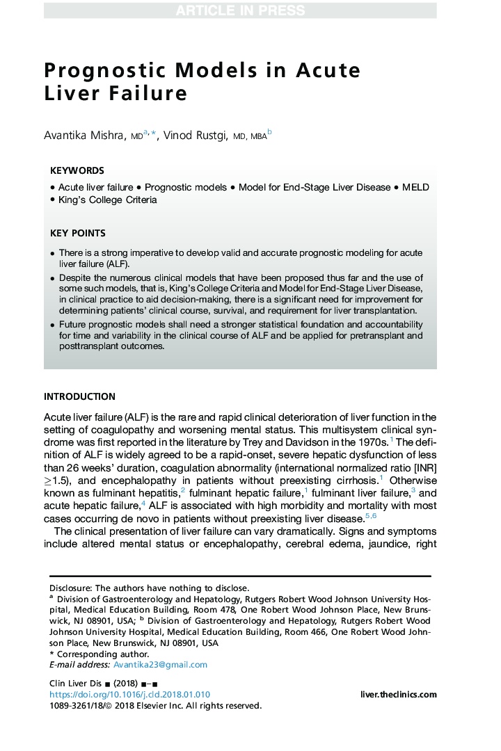 Prognostic Models in Acute Liver Failure