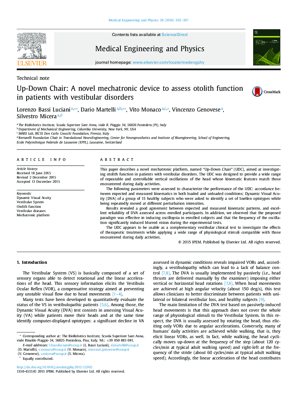 Up-Down Chair: A novel mechatronic device to assess otolith function in patients with vestibular disorders