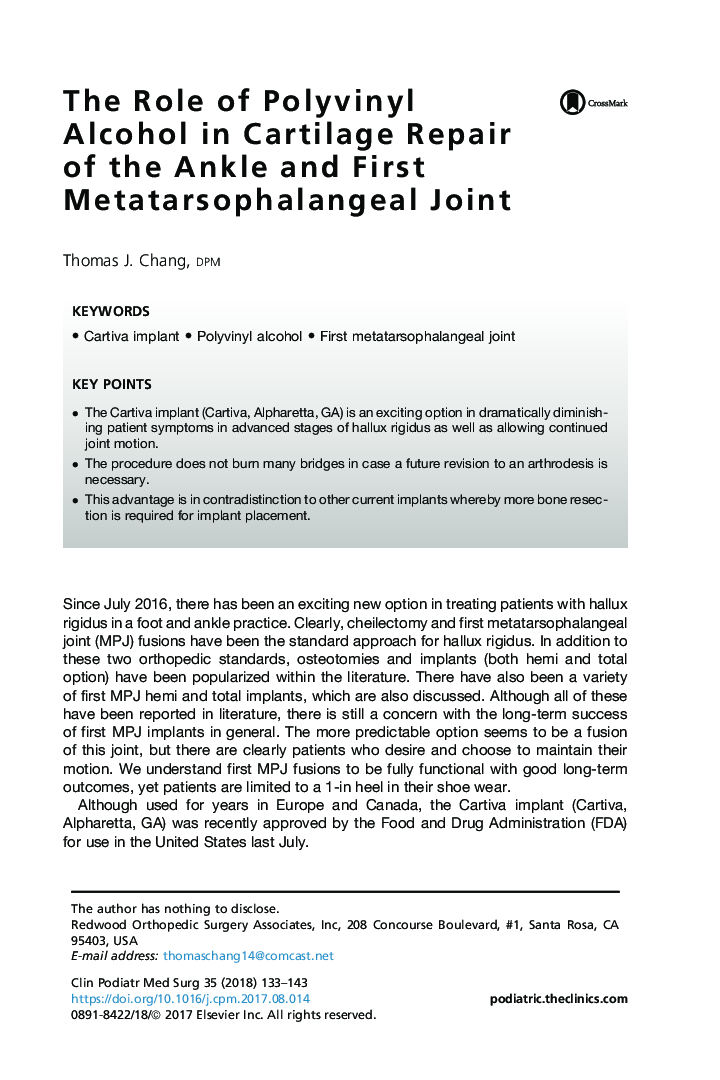 The Role of Polyvinyl Alcohol in Cartilage Repair of the Ankle and First Metatarsophalangeal Joint