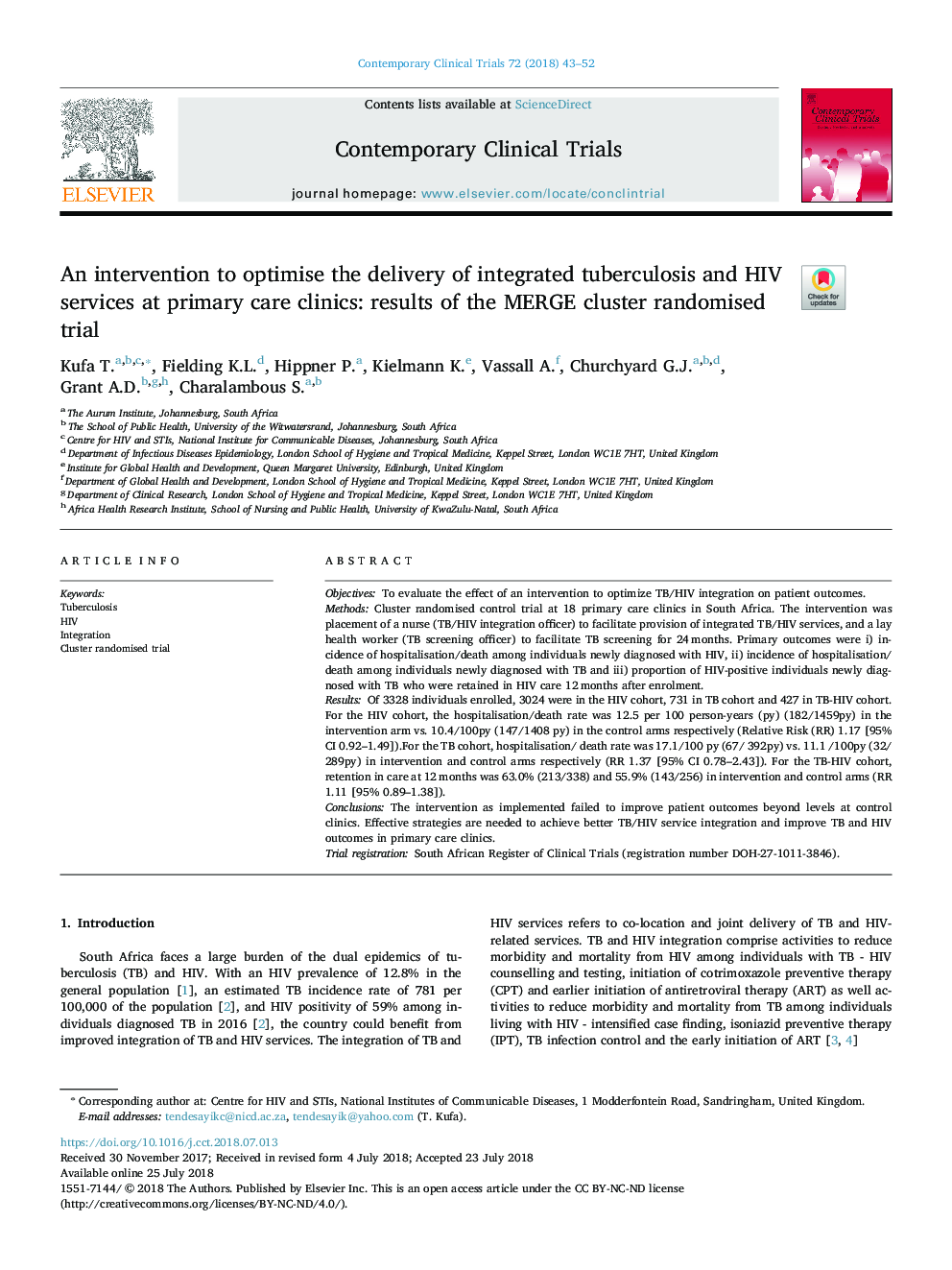 An intervention to optimise the delivery of integrated tuberculosis and HIV services at primary care clinics: results of the MERGE cluster randomised trial