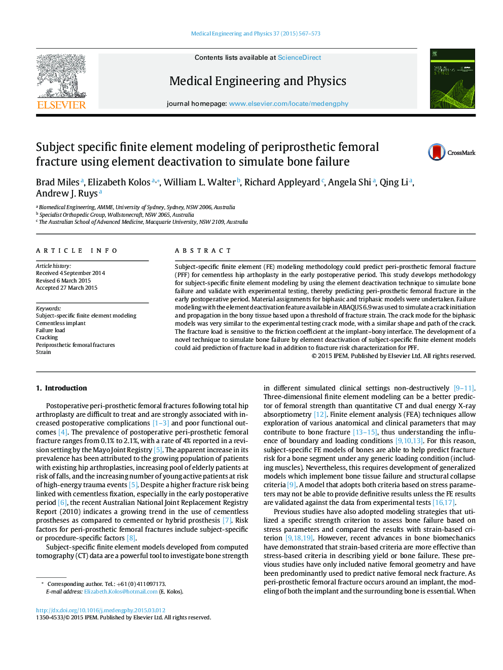 Subject specific finite element modeling of periprosthetic femoral fracture using element deactivation to simulate bone failure