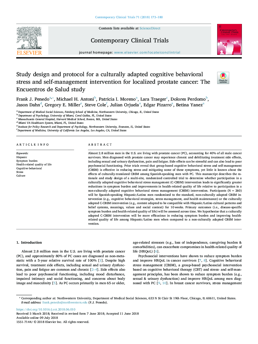 Study design and protocol for a culturally adapted cognitive behavioral stress and self-management intervention for localized prostate cancer: The Encuentros de Salud study