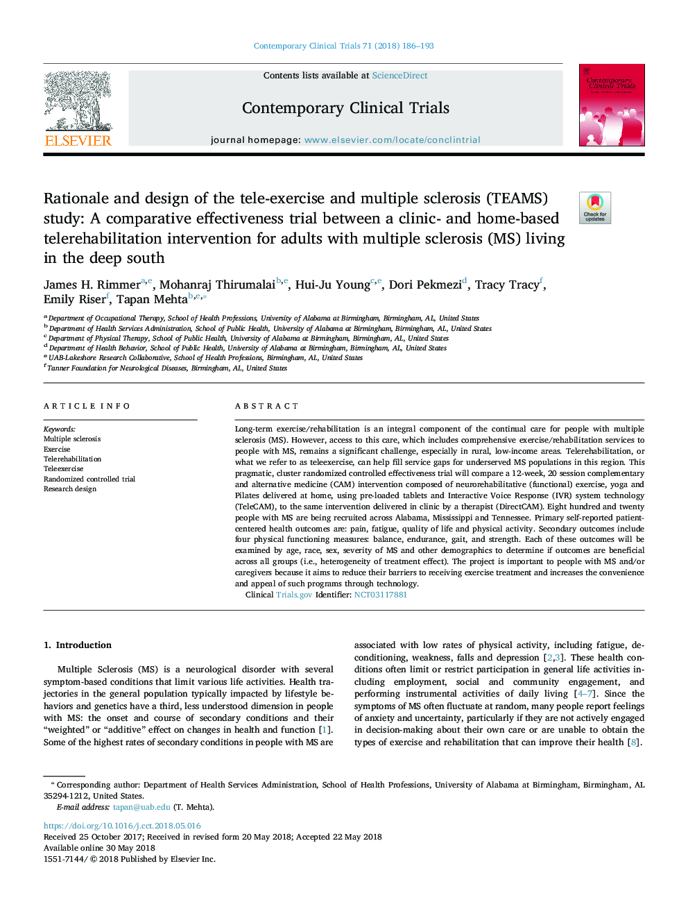 Rationale and design of the tele-exercise and multiple sclerosis (TEAMS) study: A comparative effectiveness trial between a clinic- and home-based telerehabilitation intervention for adults with multiple sclerosis (MS) living in the deep south