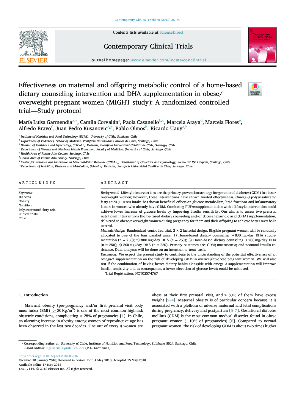 Effectiveness on maternal and offspring metabolic control of a home-based dietary counseling intervention and DHA supplementation in obese/overweight pregnant women (MIGHT study): A randomized controlled trial-Study protocol