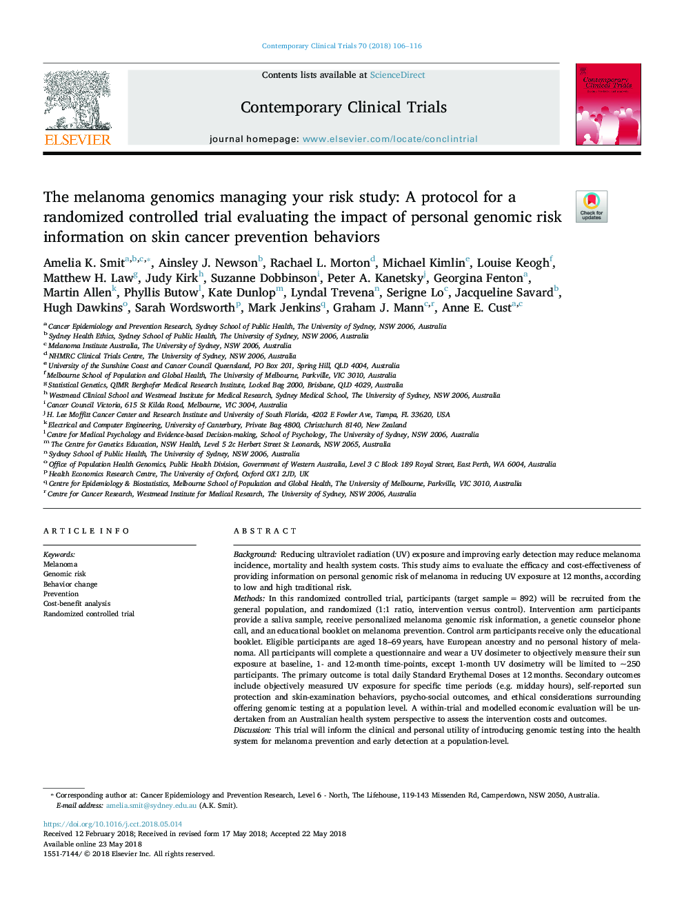 The melanoma genomics managing your risk study: A protocol for a randomized controlled trial evaluating the impact of personal genomic risk information on skin cancer prevention behaviors