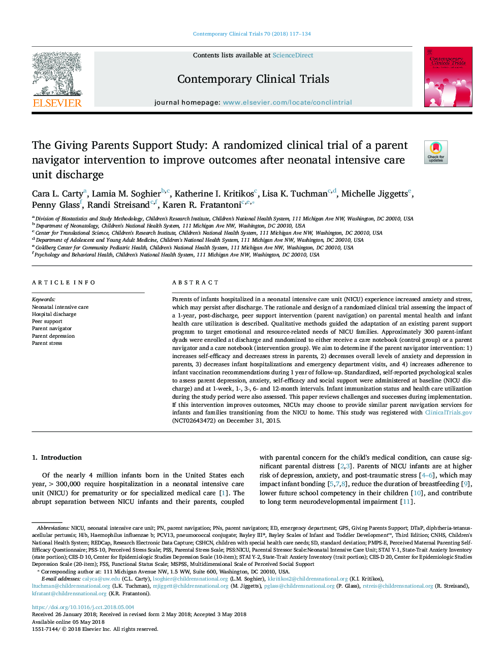 The Giving Parents Support Study: A randomized clinical trial of a parent navigator intervention to improve outcomes after neonatal intensive care unit discharge