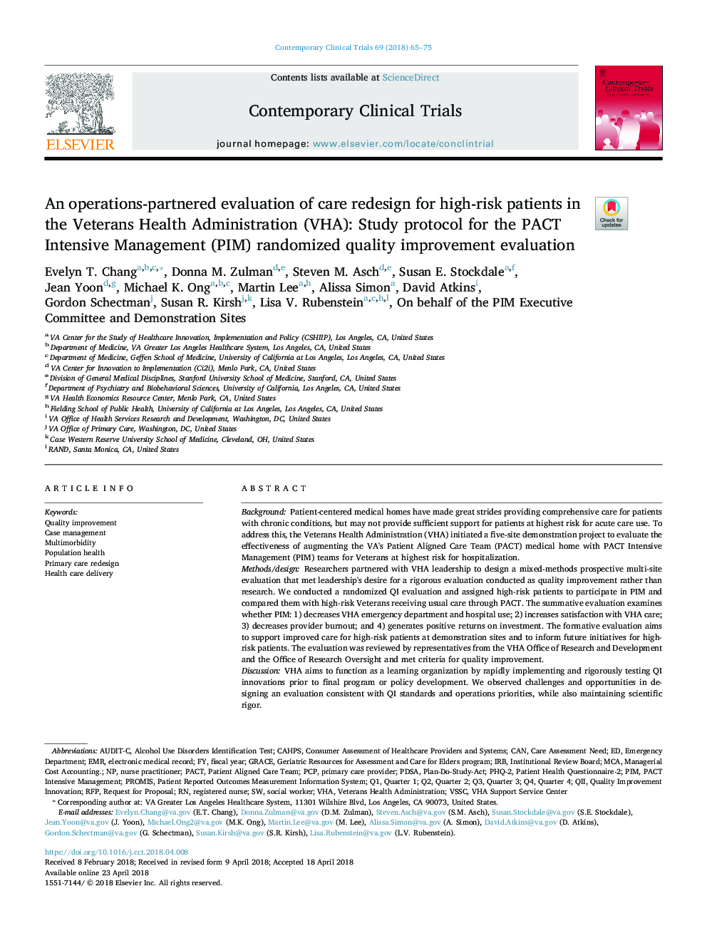 An operations-partnered evaluation of care redesign for high-risk patients in the Veterans Health Administration (VHA): Study protocol for the PACT Intensive Management (PIM) randomized quality improvement evaluation