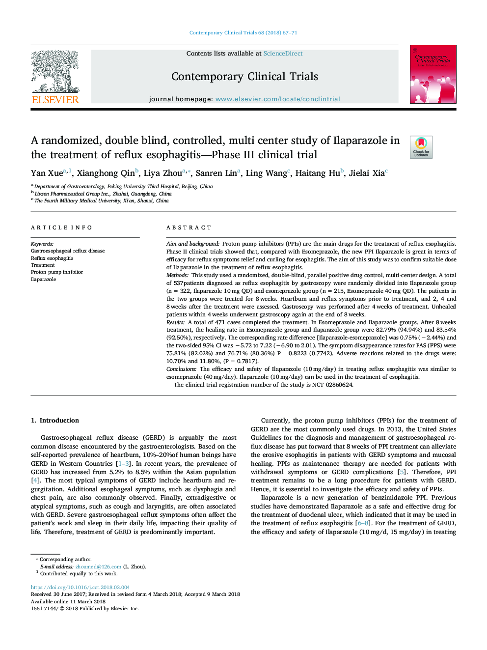 A randomized, double blind, controlled, multi center study of Ilaparazole in the treatment of reflux esophagitis-Phase III clinical trial