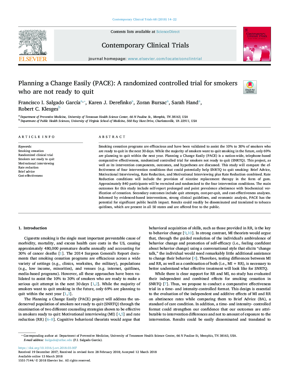 Planning a Change Easily (PACE): A randomized controlled trial for smokers who are not ready to quit