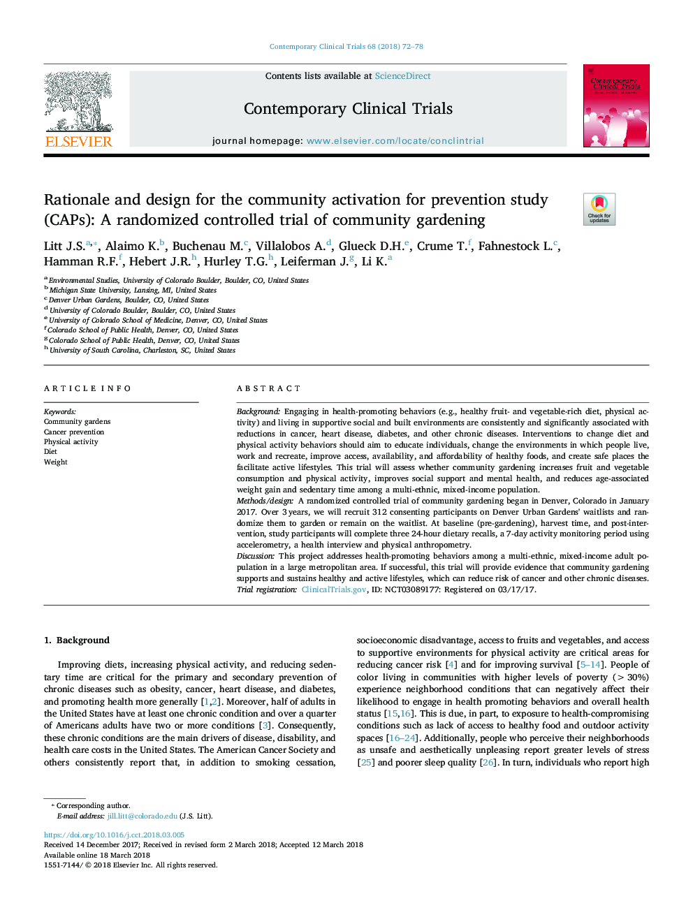 عکس صفحه اول مقاله: Rationale and design for the community activation for prevention study (CAPs): A randomized controlled trial of community gardening Rationale and design for the community activation for prevention study (CAPs): A randomized controlled trial of community gardening