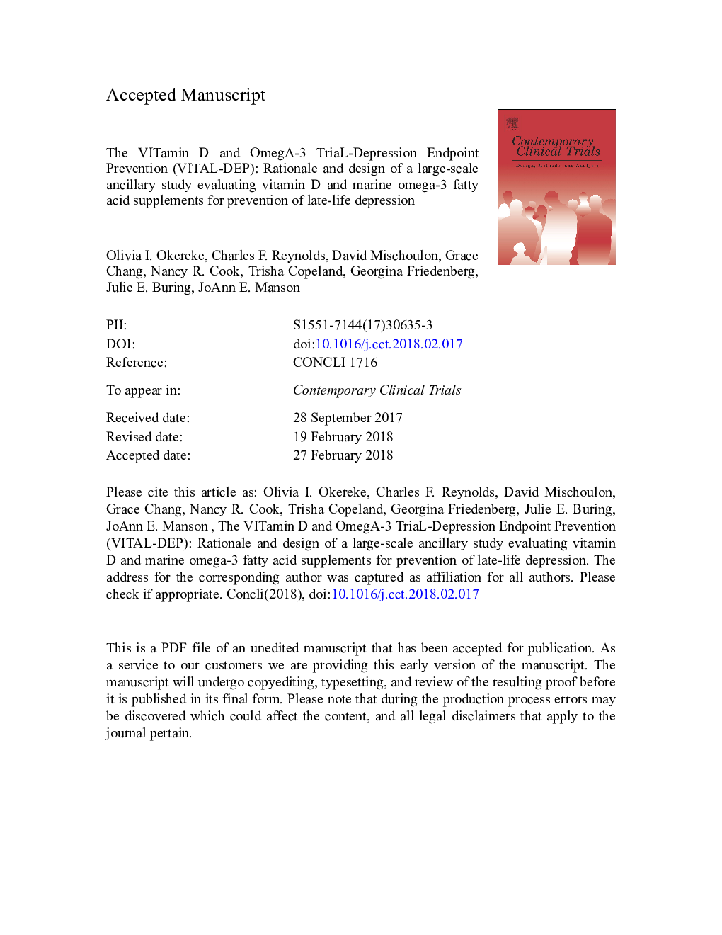 The VITamin D and OmegA-3 TriaL-Depression Endpoint Prevention (VITAL-DEP): Rationale and design of a large-scale ancillary study evaluating vitamin D and marine omega-3 fatty acid supplements for prevention of late-life depression