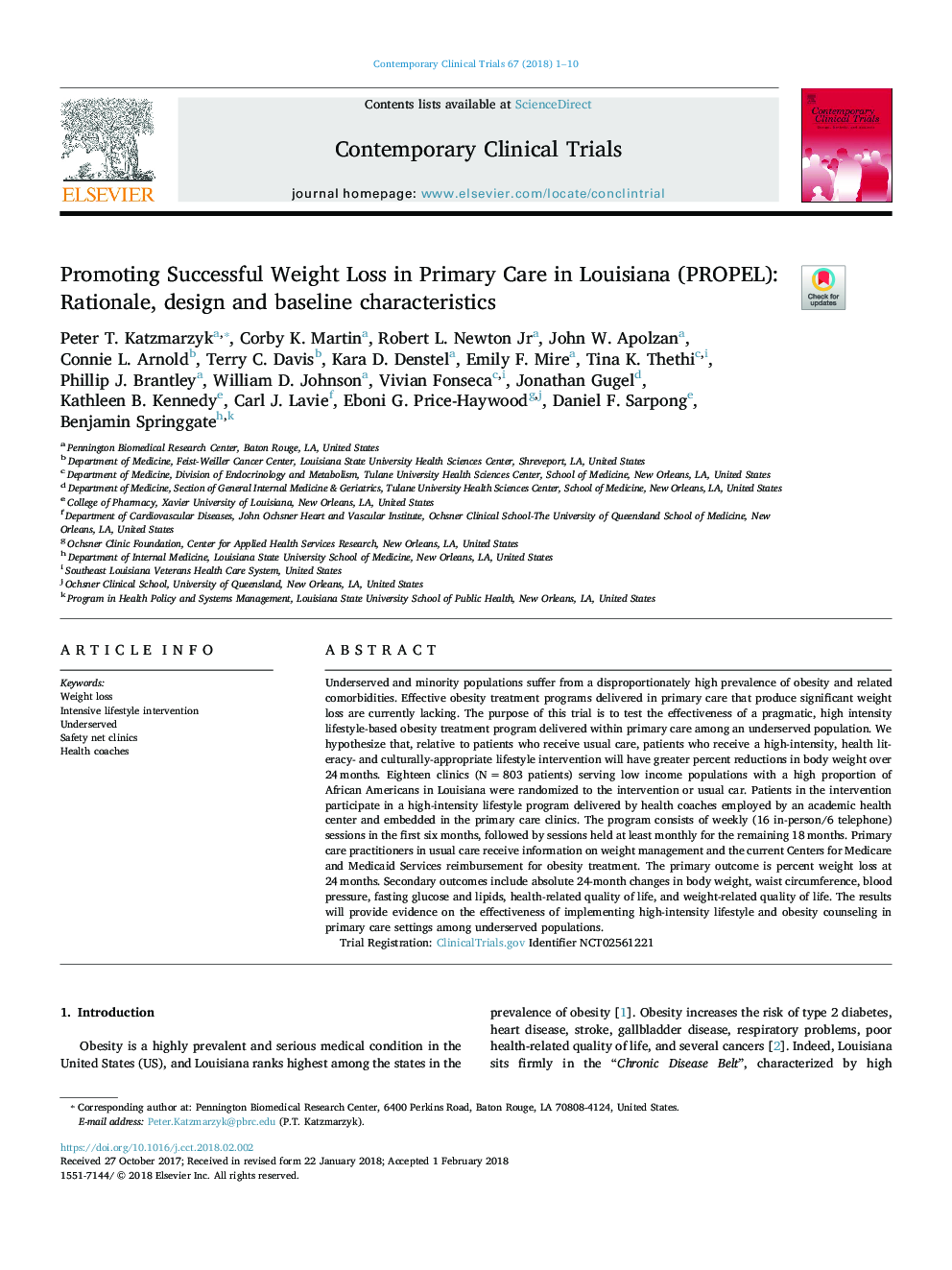 Promoting Successful Weight Loss in Primary Care in Louisiana (PROPEL): Rationale, design and baseline characteristics