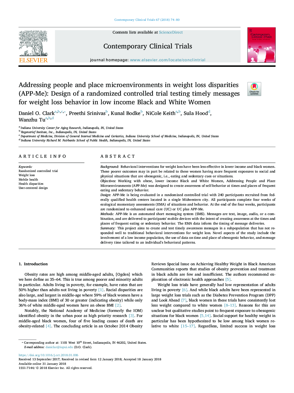 Addressing people and place microenvironments in weight loss disparities (APP-Me): Design of a randomized controlled trial testing timely messages for weight loss behavior in low income Black and White Women