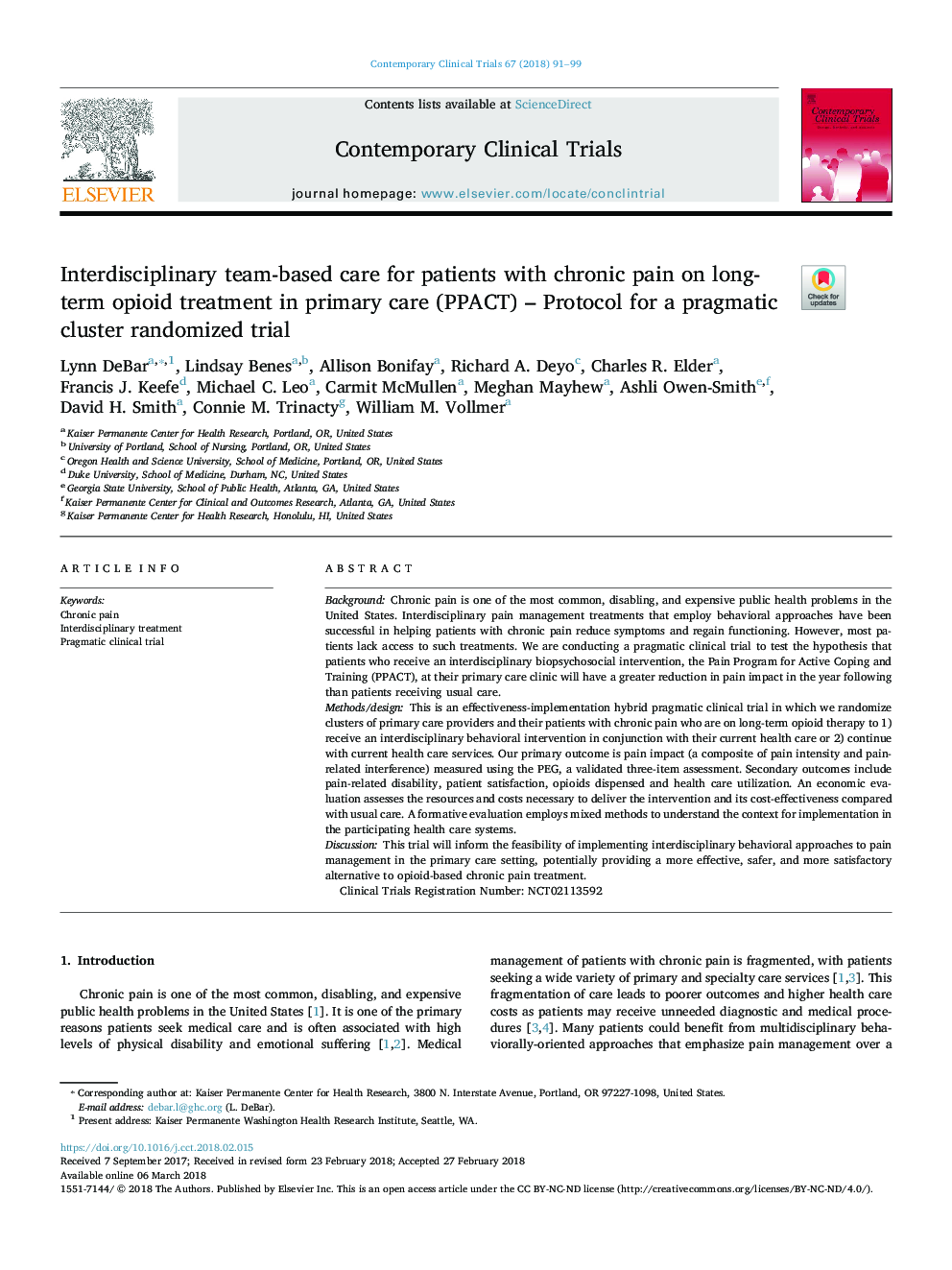 Interdisciplinary team-based care for patients with chronic pain on long-term opioid treatment in primary care (PPACT) - Protocol for a pragmatic cluster randomized trial