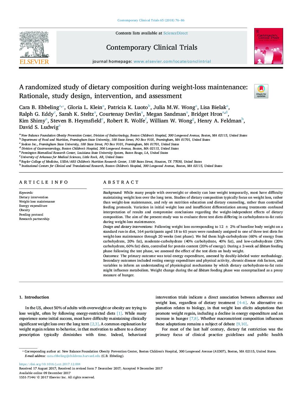 A randomized study of dietary composition during weight-loss maintenance: Rationale, study design, intervention, and assessment