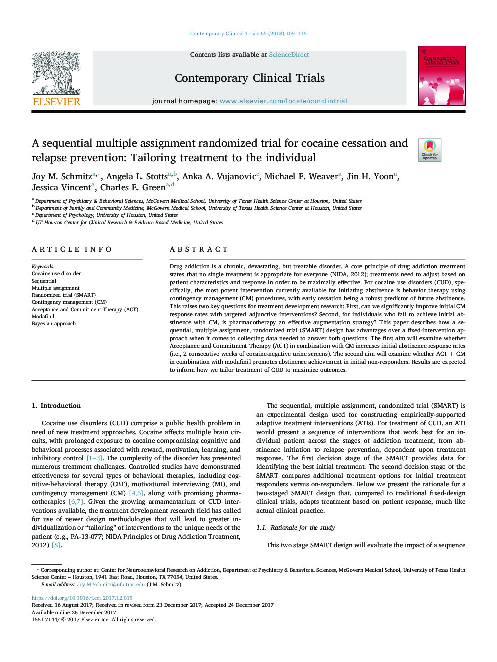 A sequential multiple assignment randomized trial for cocaine cessation and relapse prevention: Tailoring treatment to the individual