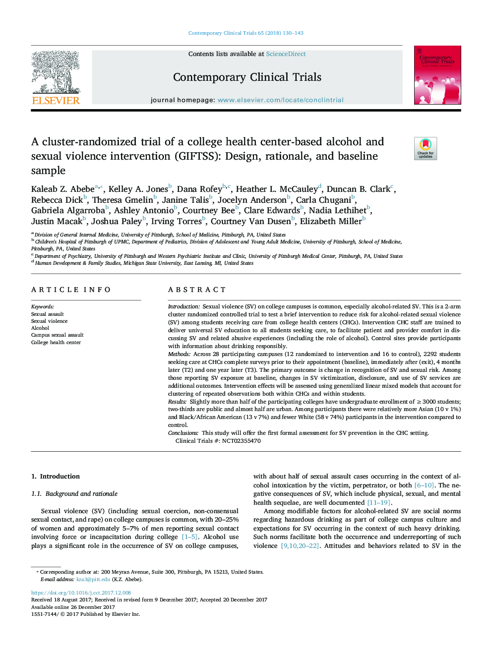 A cluster-randomized trial of a college health center-based alcohol and sexual violence intervention (GIFTSS): Design, rationale, and baseline sample