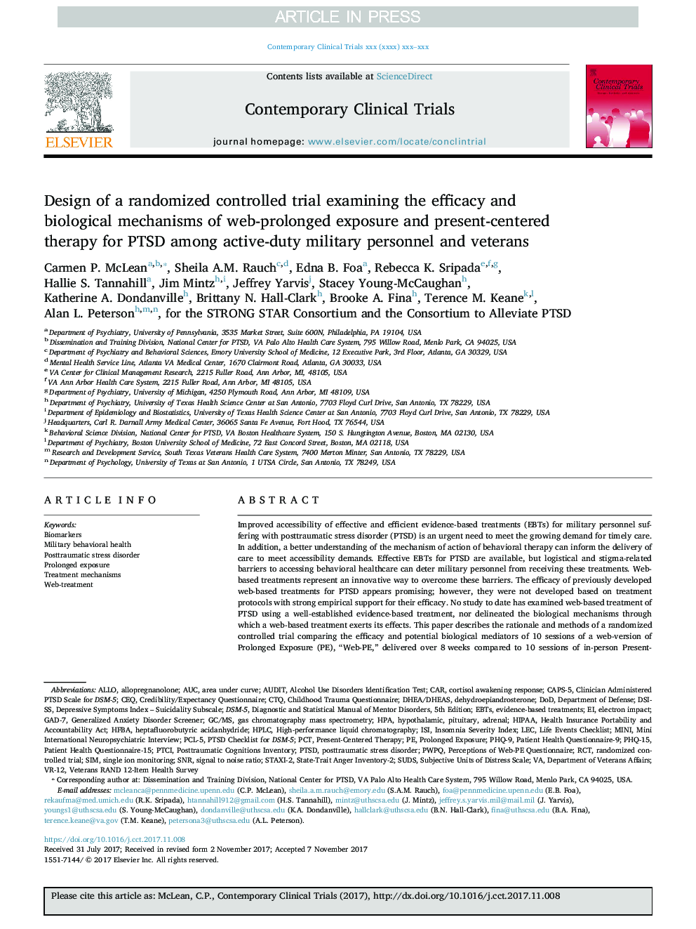 Design of a randomized controlled trial examining the efficacy and biological mechanisms of web-prolonged exposure and present-centered therapy for PTSD among active-duty military personnel and veterans