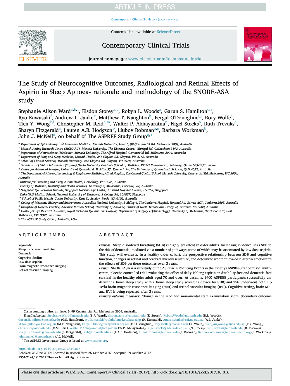 The Study of Neurocognitive Outcomes, Radiological and Retinal Effects of Aspirin in Sleep Apnoea- rationale and methodology of the SNORE-ASA study