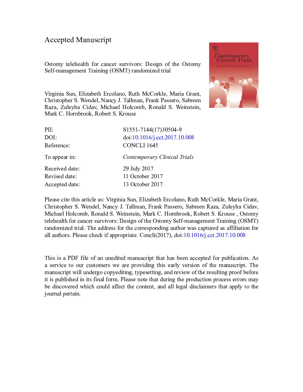 Ostomy telehealth for cancer survivors: Design of the Ostomy Self-management Training (OSMT) randomized trial