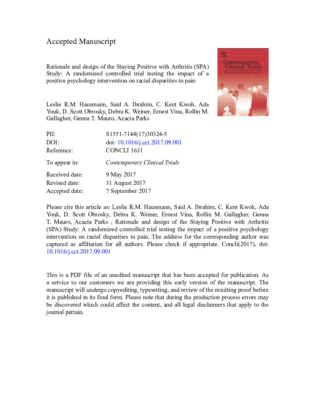 Rationale and design of the Staying Positive with Arthritis (SPA) Study: A randomized controlled trial testing the impact of a positive psychology intervention on racial disparities in pain