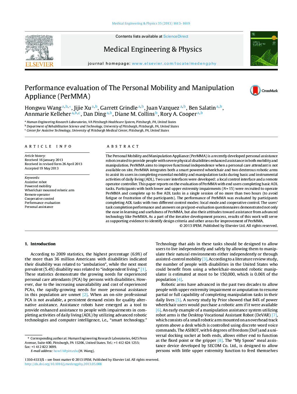 Performance evaluation of The Personal Mobility and Manipulation Appliance (PerMMA)