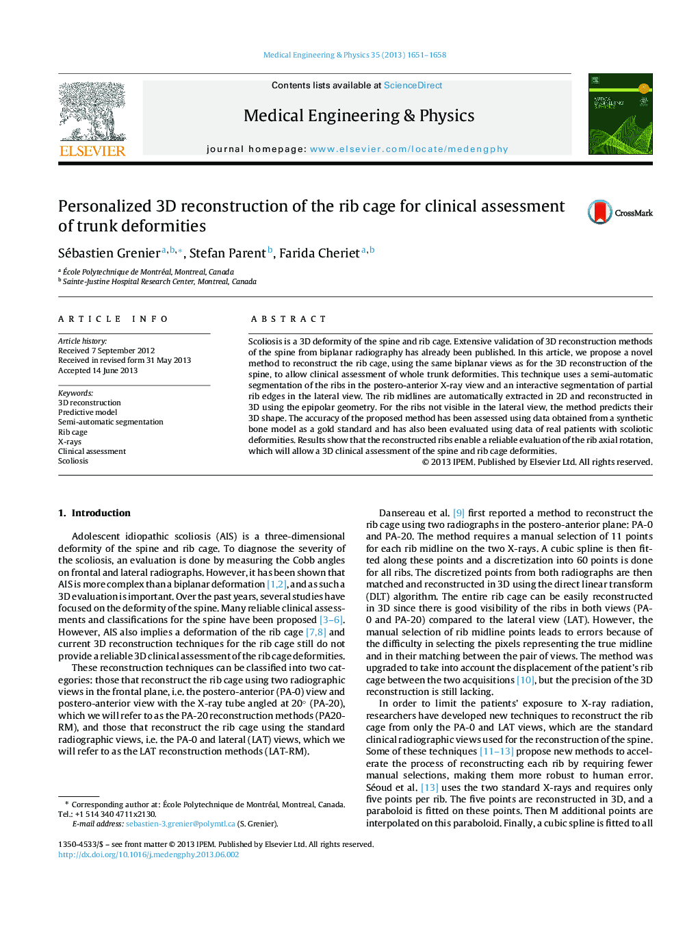 Personalized 3D reconstruction of the rib cage for clinical assessment of trunk deformities