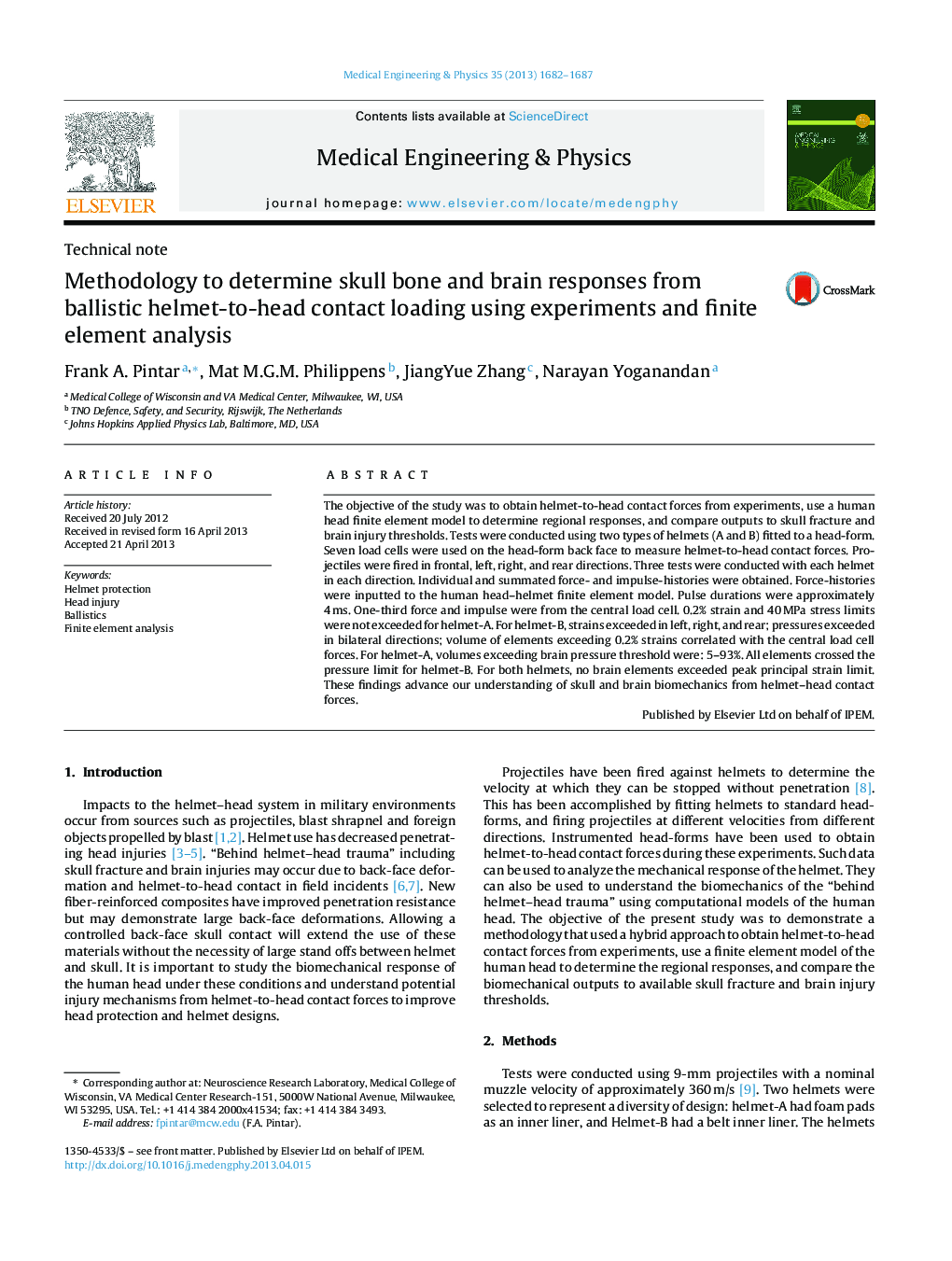 Methodology to determine skull bone and brain responses from ballistic helmet-to-head contact loading using experiments and finite element analysis
