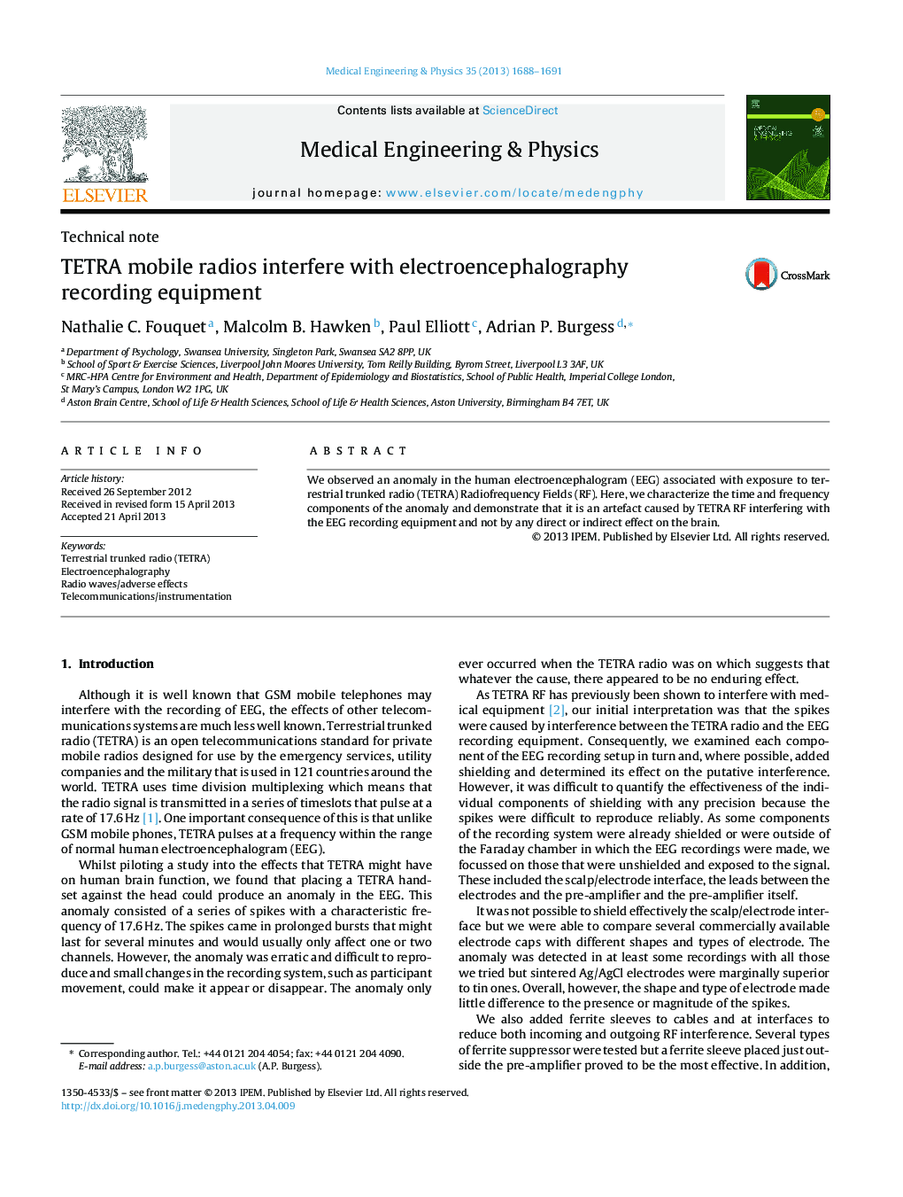TETRA mobile radios interfere with electroencephalography recording equipment