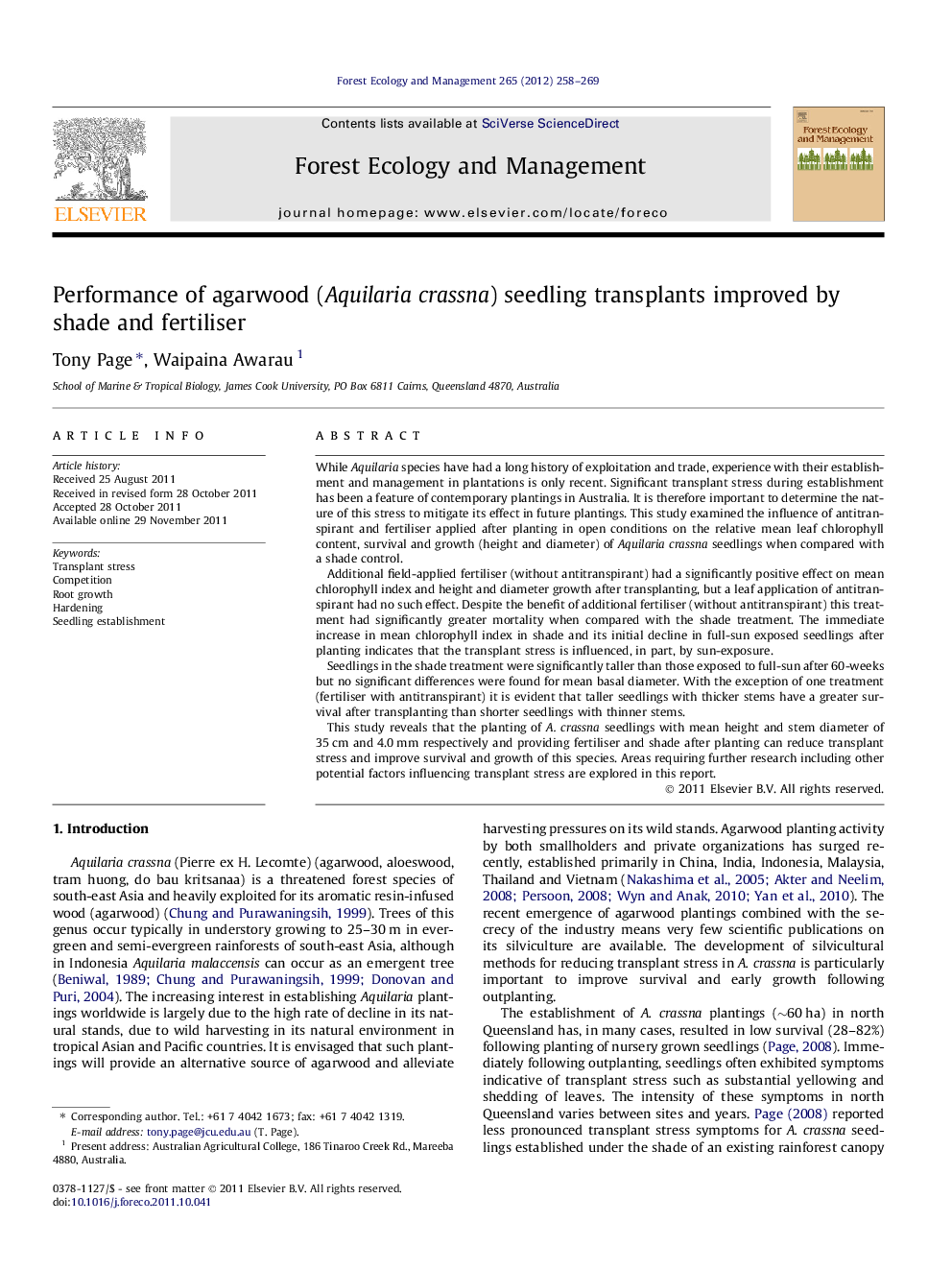 Performance of agarwood (Aquilaria crassna) seedling transplants improved by shade and fertiliser